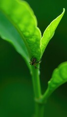 a spider crawling up the stem of a large green leaf plant, plants, nature