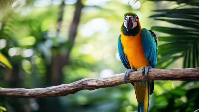 Colorful parrot perched on branch in lush tropical setting during daylight hours