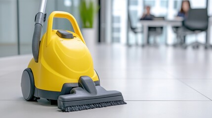 Close up view of a yellow wet floor cleaning machine on a light gray floor in an office setting. The machine is in focus while the background is