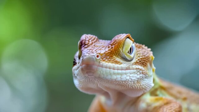 Close-up view of a vibrant orange lizard resting on a rock in a lush outdoor environment during daylight hours