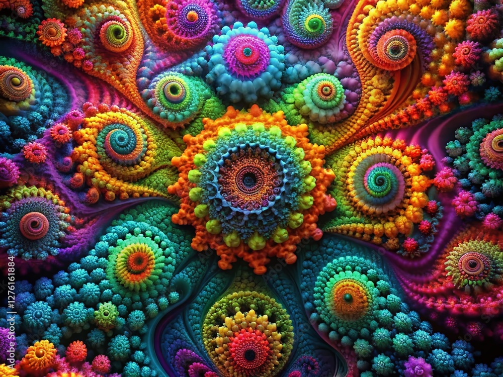 Poster drone view: multicolored abstract fractal 3d render on black background