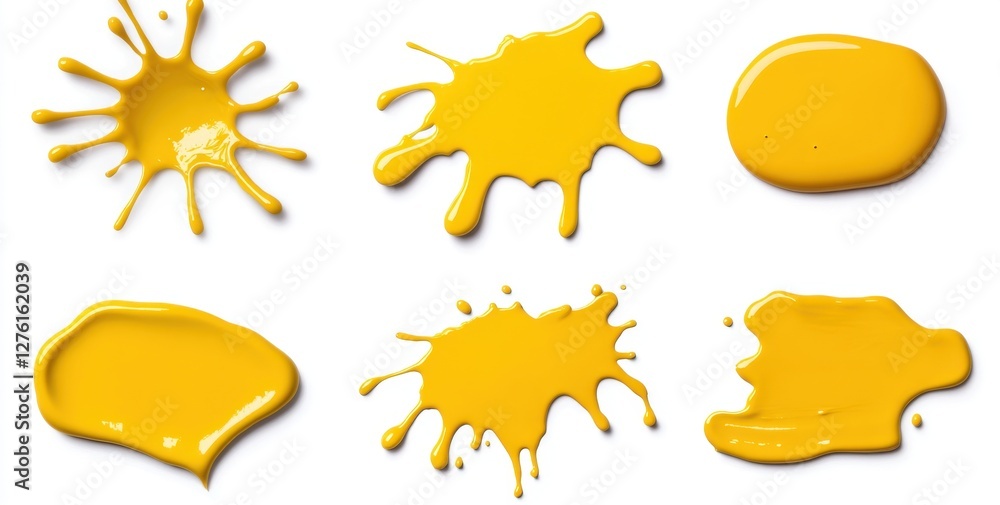 Poster collection of vibrant yellow paint splatters and blobs on a clean white background. various shapes a
