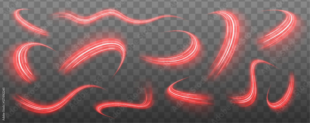 Aufkleber Set red neon speed line wave – Glowing curved fire path trace lines and light trails for modern digital design and futuristic art concepts.