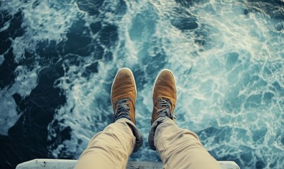 Brown shoes dangling over churning blue ocean water.