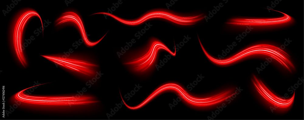 Poster Neon swirls in a big set abstract technology background with red neon light  Dynamic motion stripes luminous fiery trails. Vector illustration for modern visuals.