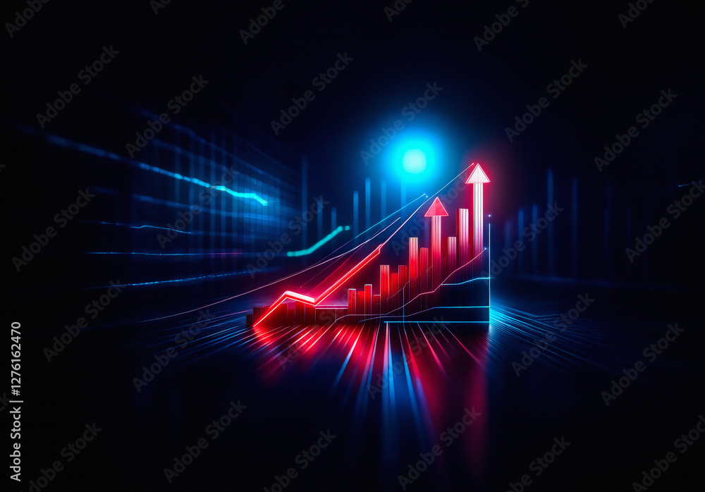 Aufkleber glowing red bar chart and blue line graph on dark backdrop with light streaks indicate financial gro