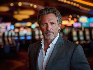 Handsome older man wearing a suit in a casino