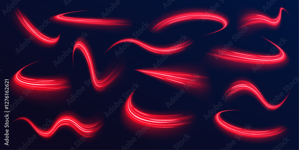 Poster Light motion effect abstract luminous trace lines with neon fire flare  speed of light concept. Vector design for posters, banners, and visual art.