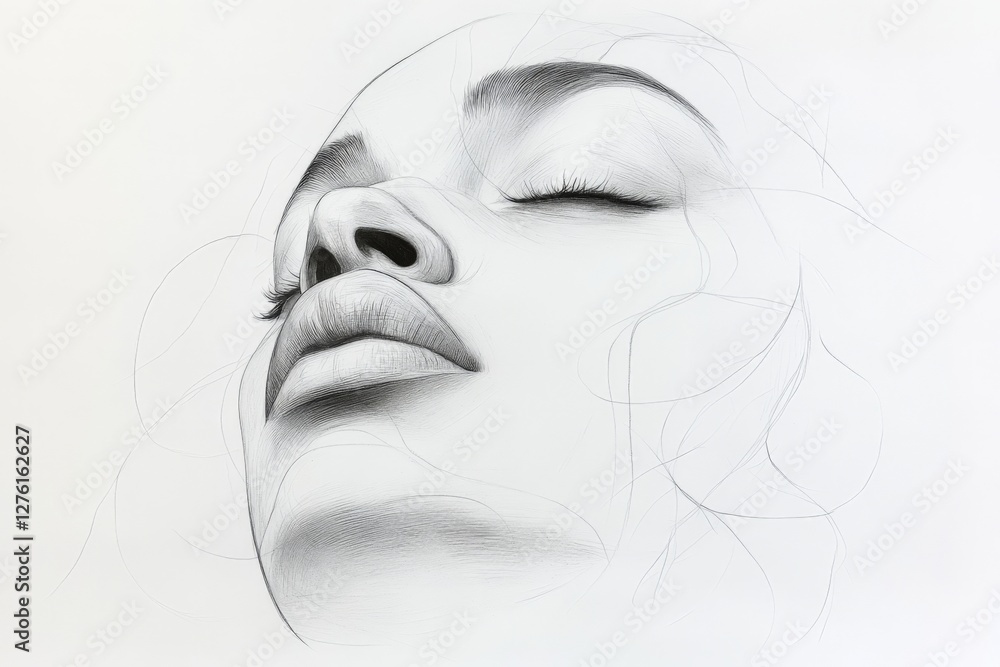 Poster detailed black and white sketch showcasing a serene face with closed eyes and soft features