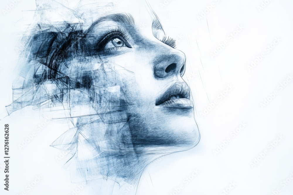 Poster Creative drawing of a woman's face with abstract elements showcasing fine art techniques and a sense of depth and emotion