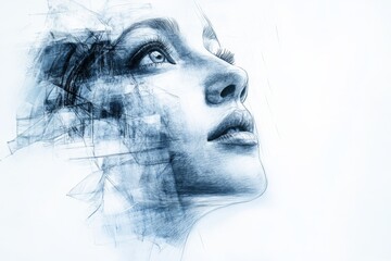 Creative drawing of a woman's face with abstract elements showcasing fine art techniques and a sense of depth and emotion