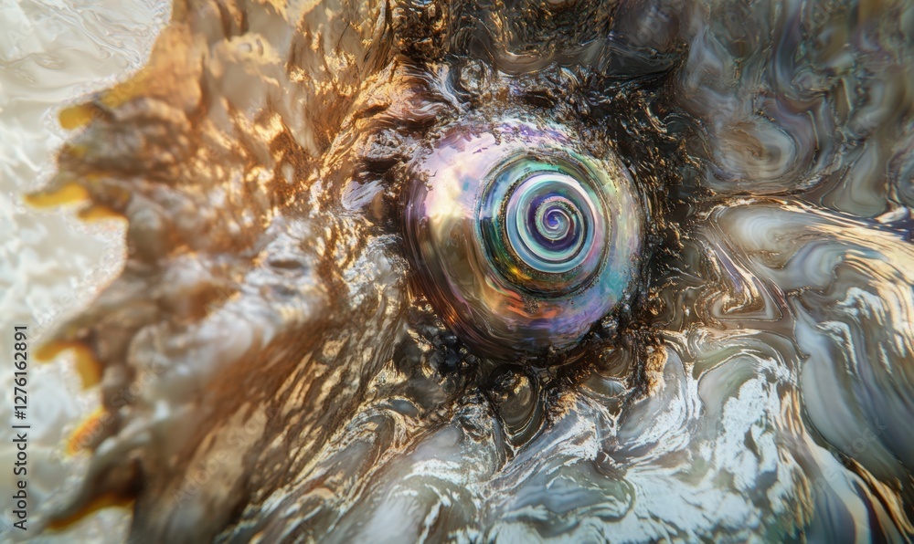 Aufkleber close-up view of a colorful seashell on a sandy beach with gentle waves in the background
