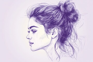 Delicate profile sketch of a young woman with a bun hairstyle and expressive features in soft purple tones