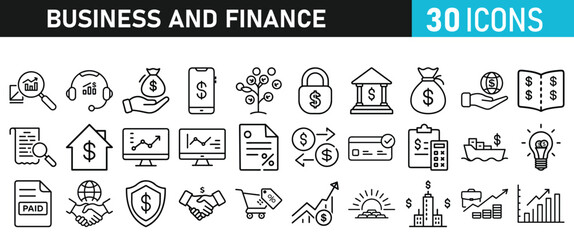 Business and Finance set of icons for web. Money and Payment icons for web and mobile app. Business, Money, payments, financial report, pay, banking, partner, coin, growth