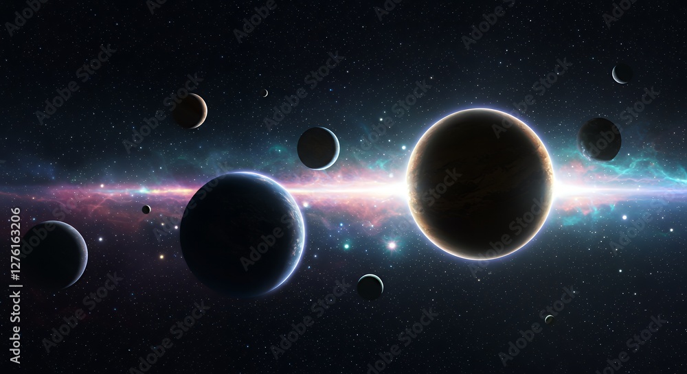 Wall mural planets orbiting in deep space with starfield and nebula background