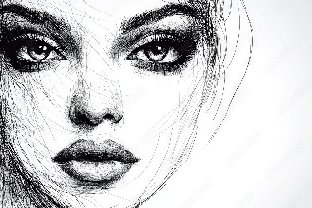 Poster realistic sketch of a woman's face showcasing intricate lines and expressive features