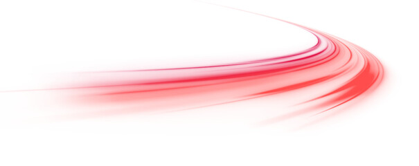 Glowing neon light trail element. Bright red-orange speed line wave  luminous curved swirl concept. Shiny fiery streaks for posters, banners transfer on white background in png format. 