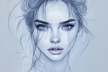 Artistic portrait of a young woman with expressive eyes and soft features in a minimalistic style, showcasing elegance and beauty