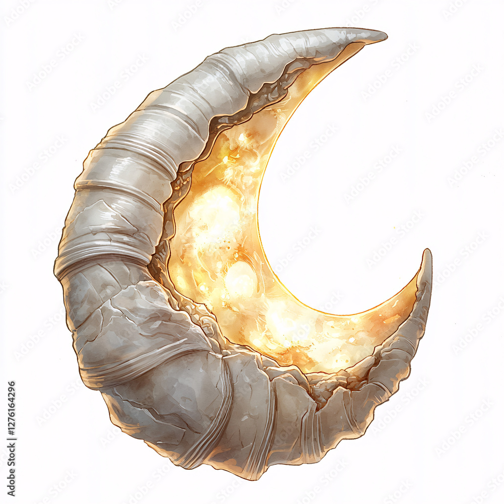 Poster glowing crescent moon with a textured surface design.