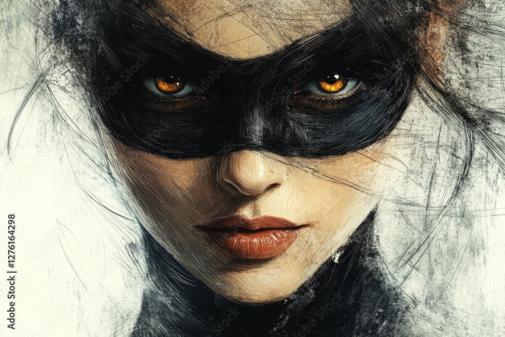 Poster mysterious woman with striking eyes and a mask exudes an aura of intrigue and power during a captiva