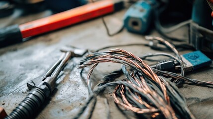 Damaged cables lying on a mechanic’s floor. Featuring exposed wires and cracked insulation