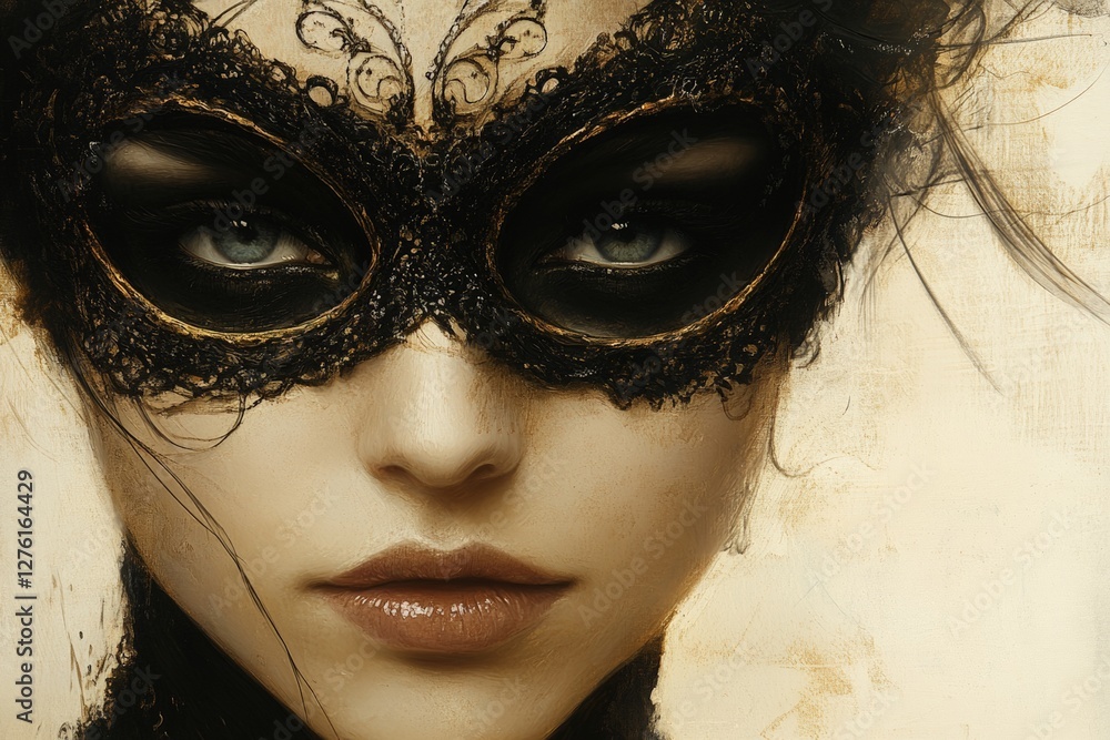 Poster mysterious woman with intricate mask looking directly at the viewer in a captivating close-up portra