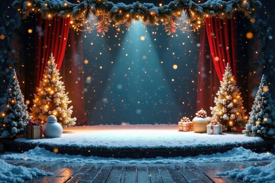 Frosty snow-covered stage with gold accents and sparkling lights, frosted wood, festive atmosphere