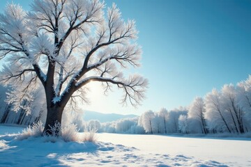 Frosty tree branches stretch towards winter sky, winter wonderland, frosty, bare trees