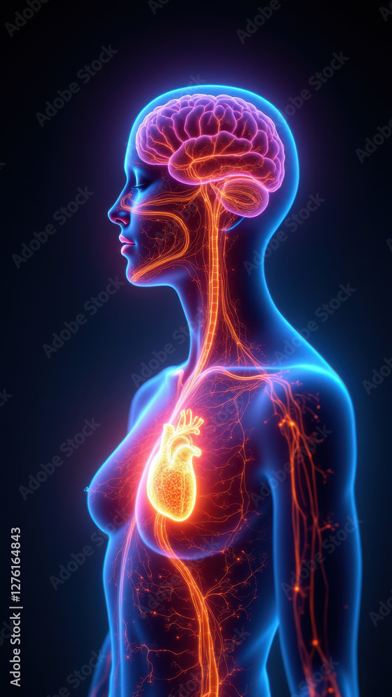 Poster an image featuring a 3d rendering of a human body with visible internal anatomy, focusing on the hea