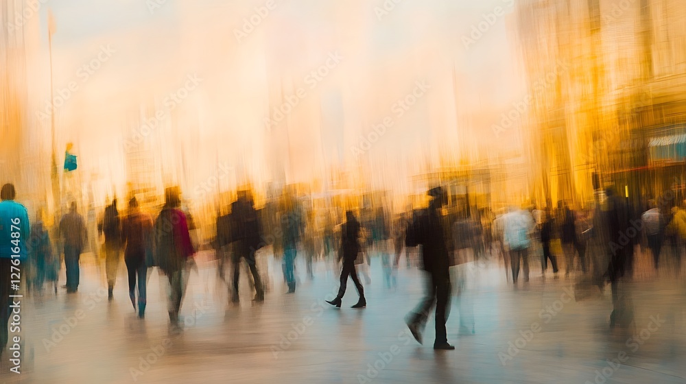 Poster blurred and abstract image of an anonymous crowd of silhouetted figures hurrying through a dynamic f