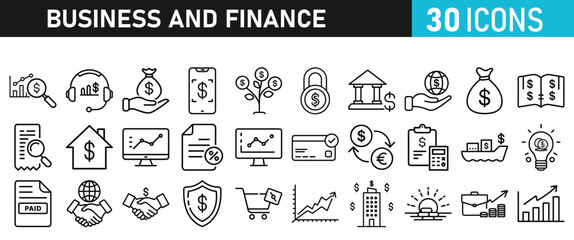 Business and Finance set of icons for web. Money and Payment icons for web and mobile app. Business, Money, payments, financial report, pay, banking, partner, coin, growth