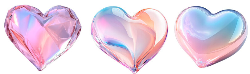 Two glossy glass hearts with soft pastel hues, reflecting light on a white background. Symbol of love, elegance, and romantic emotions