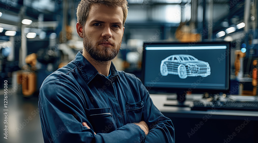 Poster A highly skilled automotive engineer working in a modern car manufacturing facility. standing in front of a large CAD workstation displaying 3D models of car components.