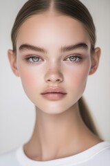 Obraz premium Close-up of a woman with flawless skin, glossy lips, and bold eyebrows