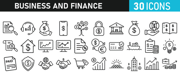 Business and Finance set of icons for web. Money and Payment icons for web and mobile app. Business, Money, payments, financial report, pay, banking, partner, coin, growth