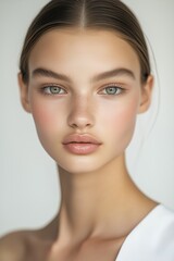 Close-up of a woman with flawless skin, glossy lips, and bold eyebrows
