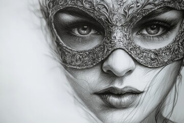 Intricate black and white portrait of a masked woman with captivating eyes and ornate mask detailing