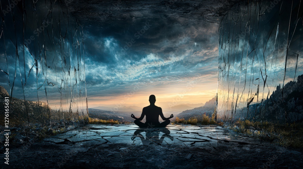 Aufkleber introspective meditation in a fractured mirror landscape serene nature scene reflective viewpoint sp