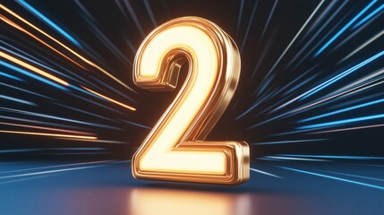 Bright golden number two illuminated with dynamic motion effects in a dark space, representing speed and energy, 3d illustration.