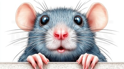 Close up of a gray rodent with pink ears and nose peeking over a white surface. The rodent has large, expressive eyes and a surprised expression. The