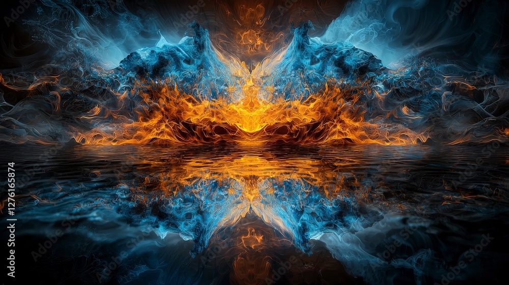 Poster metaphysical self-reflection in a liquid landscape of flames and waves abstract art digital art surr