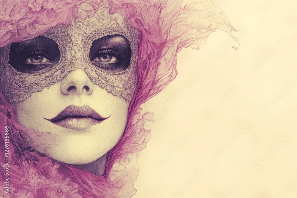 Poster artistic portrayal of a mysterious figure in a pink lace mask with a soft background featured in a d