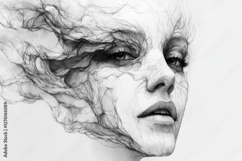 Aufkleber Expressive portrait capturing the essence of transformation through intricate line work and ethereal features