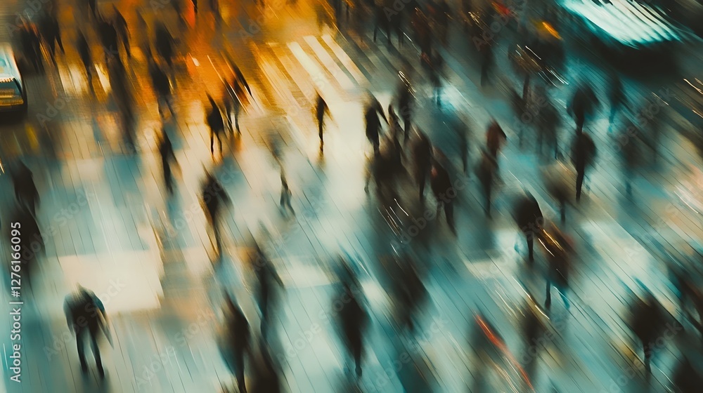 Poster Blurred motion image of a crowded fast paced city street with people rushing by  Captures the dynamic energy and hustle of an urban commute or downtown environment