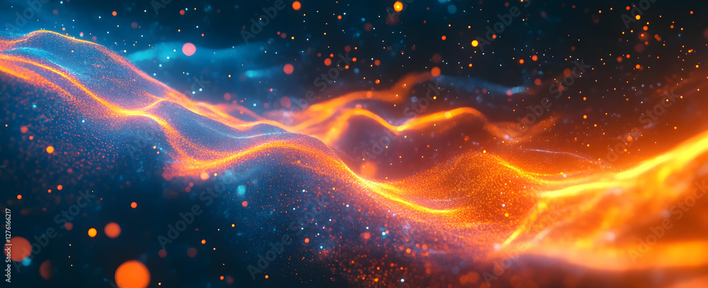 Poster abstract dynamic waves of orange and blue glowing particles in space nebula cosmic background