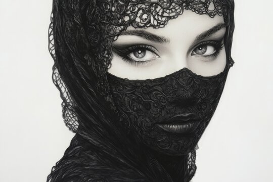 Elegant portrait of a woman wearing intricate black lace covering her face in black and white tones - Powered by Adobe