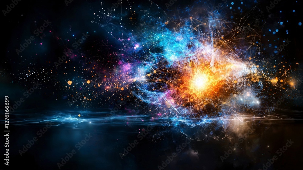 Poster dynamic cosmic explosion abstract universe digital artwork ethereal environment aerial view emotiona