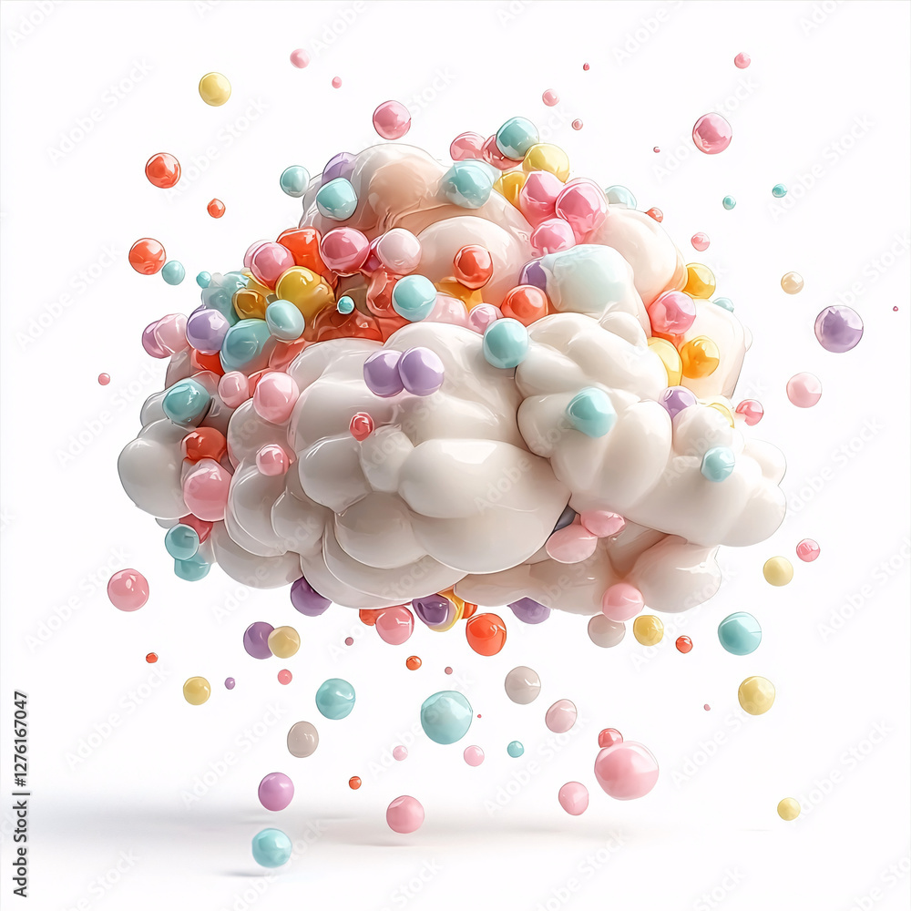 Poster abstract colorful cloud with floating spheres and vibrant particles.