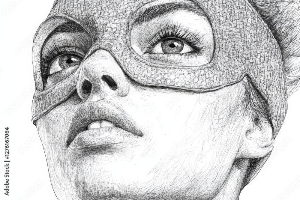 Poster woman in a mask gazes upwards with intrigue on her face in a detailed artistic sketch capturing emot