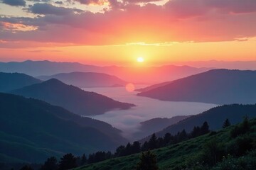Misty dawn breaking over the rolling hills and distant mountain ranges, landscape, mountains